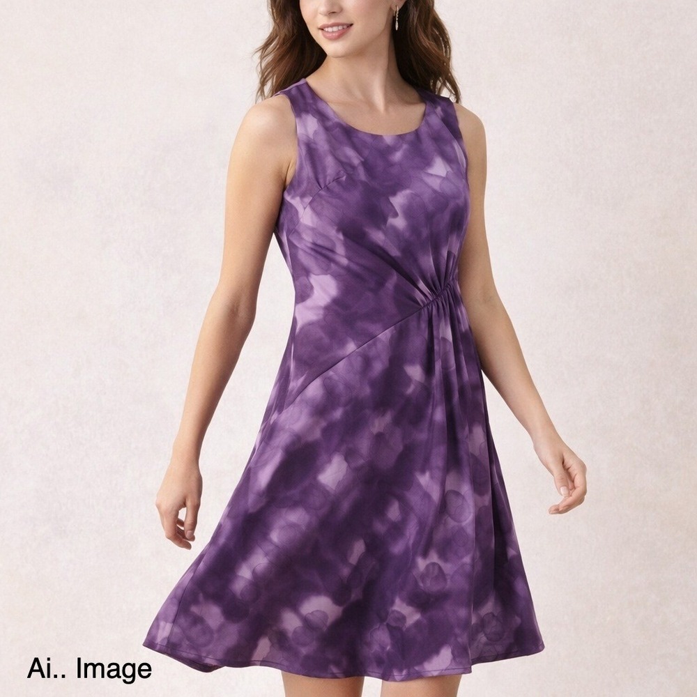 Simply‎ Vera Wang Purple Abstract Pleated Dress Sz. 8 Sleeveless Lined Artistic